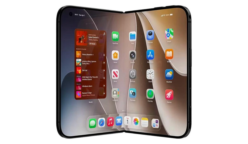 Teléfono plegable con pantalla abierta, mostrando aplicaciones y música en reproducción, diseño moderno y funcional.