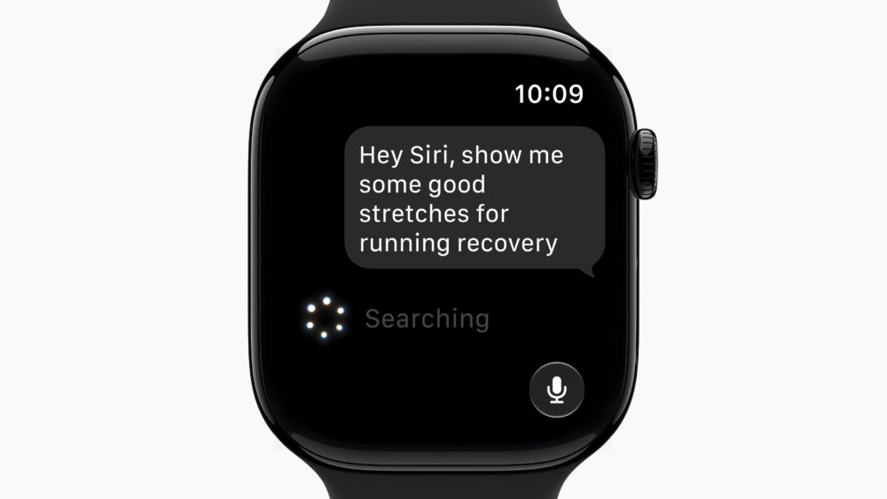 ¿Es tu Apple Watch compatible con watchOS 27? Comprueba la lista de relojes compatibles Reloj inteligente con Siri buscando estiramientos para recuperación tras correr. Pantalla con mensaje de voz.