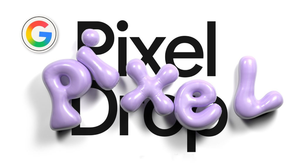 Texto 3D Pixel Drop en letras moradas brillantes sobre fondo negro y blanco, con logo de Google en la esquina.
