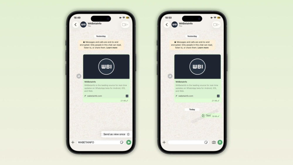 Dos teléfonos con conversación de WA Beta Info en WhatsApp, mostrando cifrado de extremo a extremo.