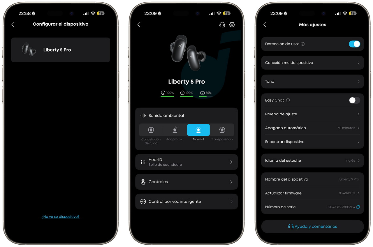 Pantallas de configuración de auriculares Liberty 5 Pro mostrando opciones de sonido, detección de uso y más ajustes.