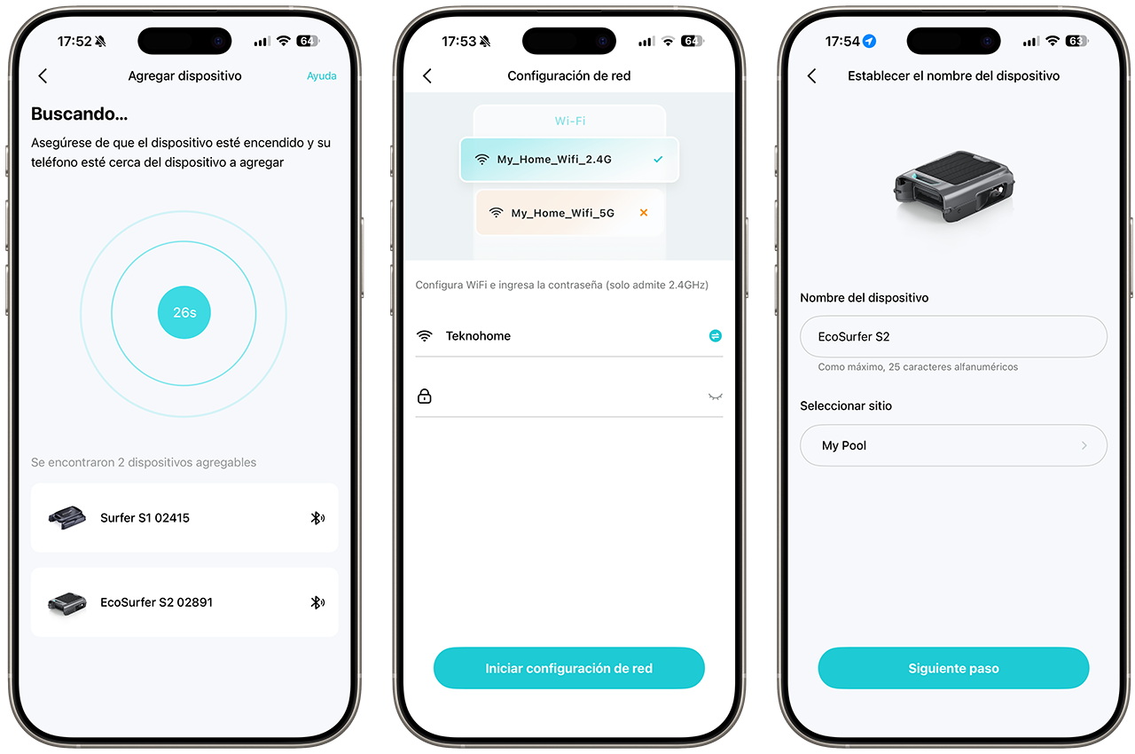 Pantallas de configuración de dispositivo inteligente: búsqueda, conexión Wi-Fi y nombrado del dispositivo EcoSurfer S2.