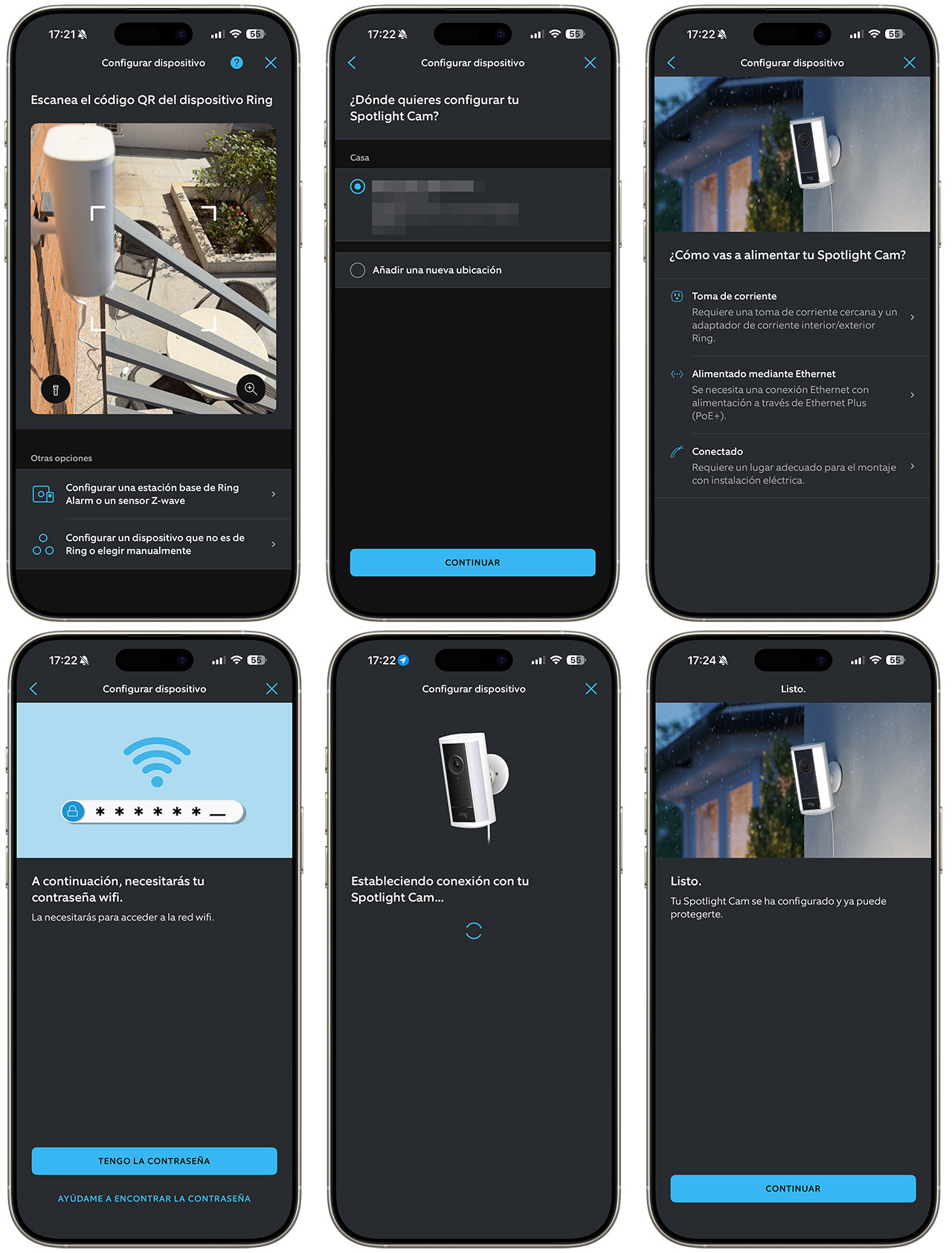 Configuración de la cámara de seguridad Spotlight Cam en dispositivos móviles paso a paso.