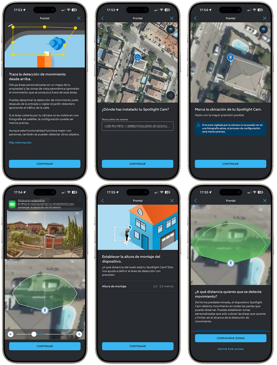Aplicación de configuración de cámara de seguridad: detección de movimiento, ubicación y altura de montaje en imágenes.