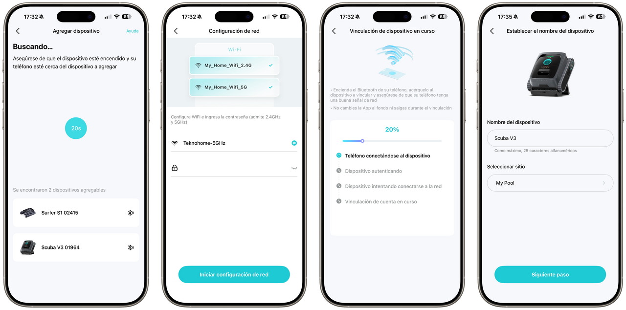 Pantallas de configuración de red y vinculación de dispositivo en app móvil para Scuba V3.