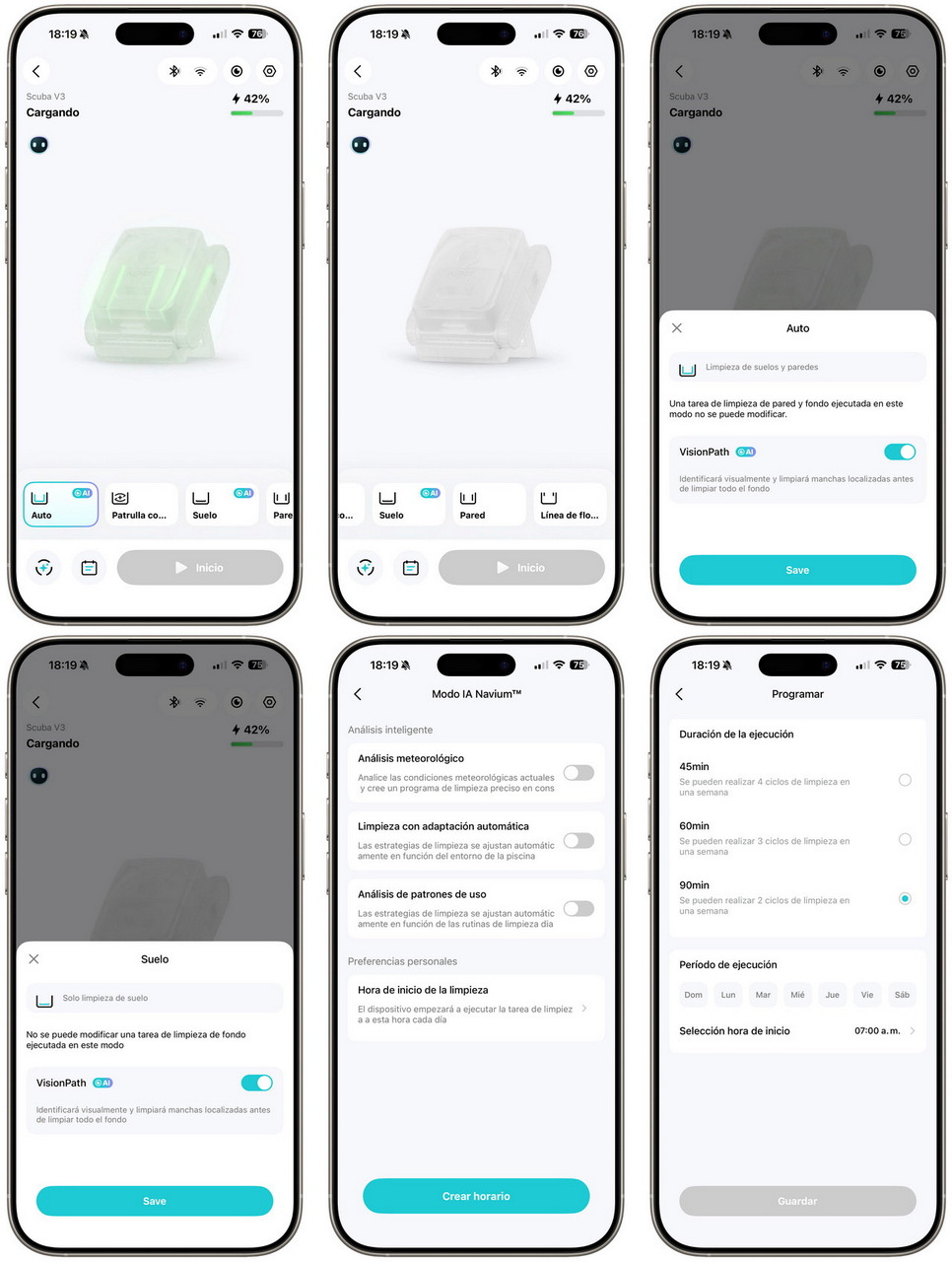 Interfaz de aplicación para control remoto de robot de limpieza, mostrando opciones de programación y estado de carga.