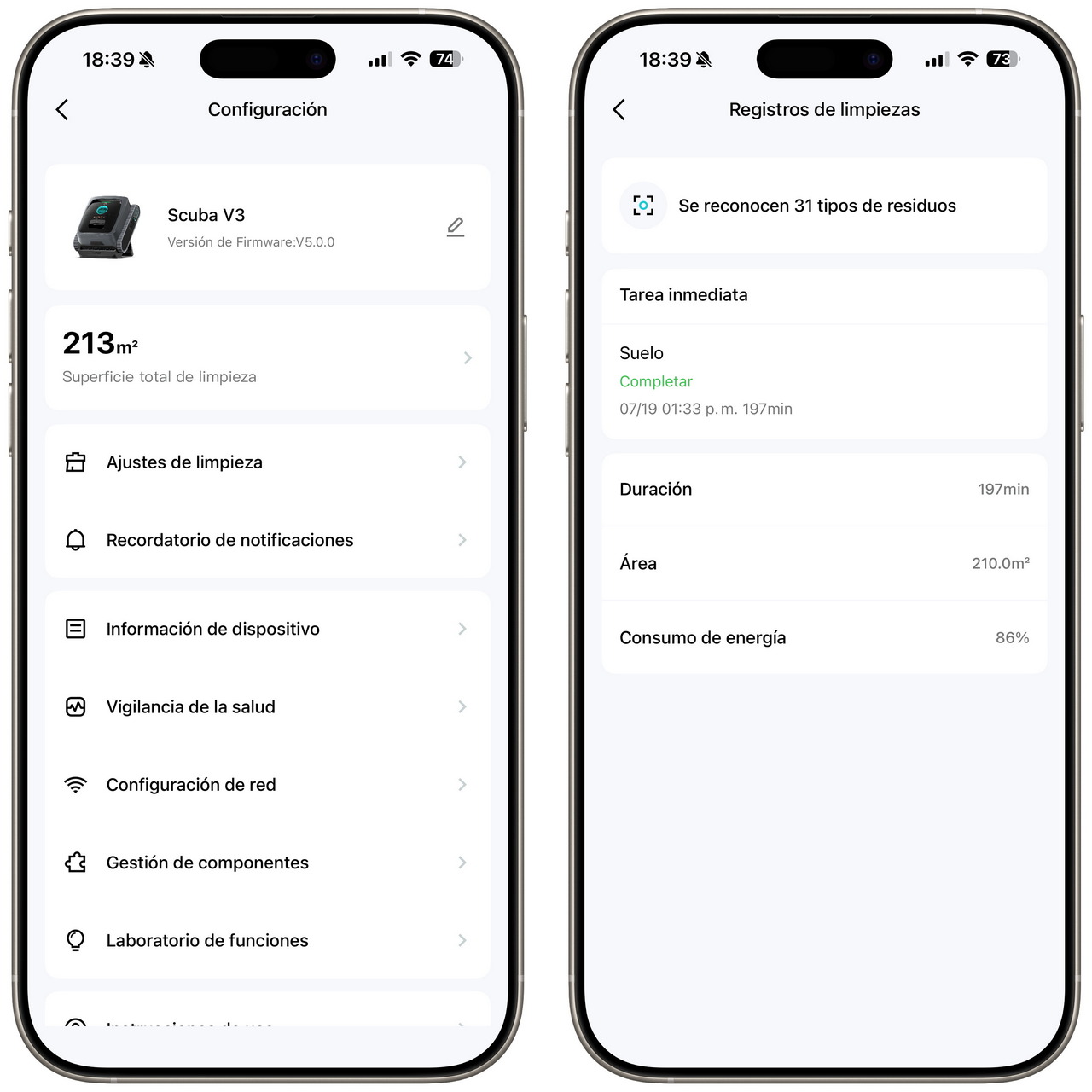 Pantalla de configuración y registros de limpieza del robot aspirador Scuba V3 en un dispositivo móvil.