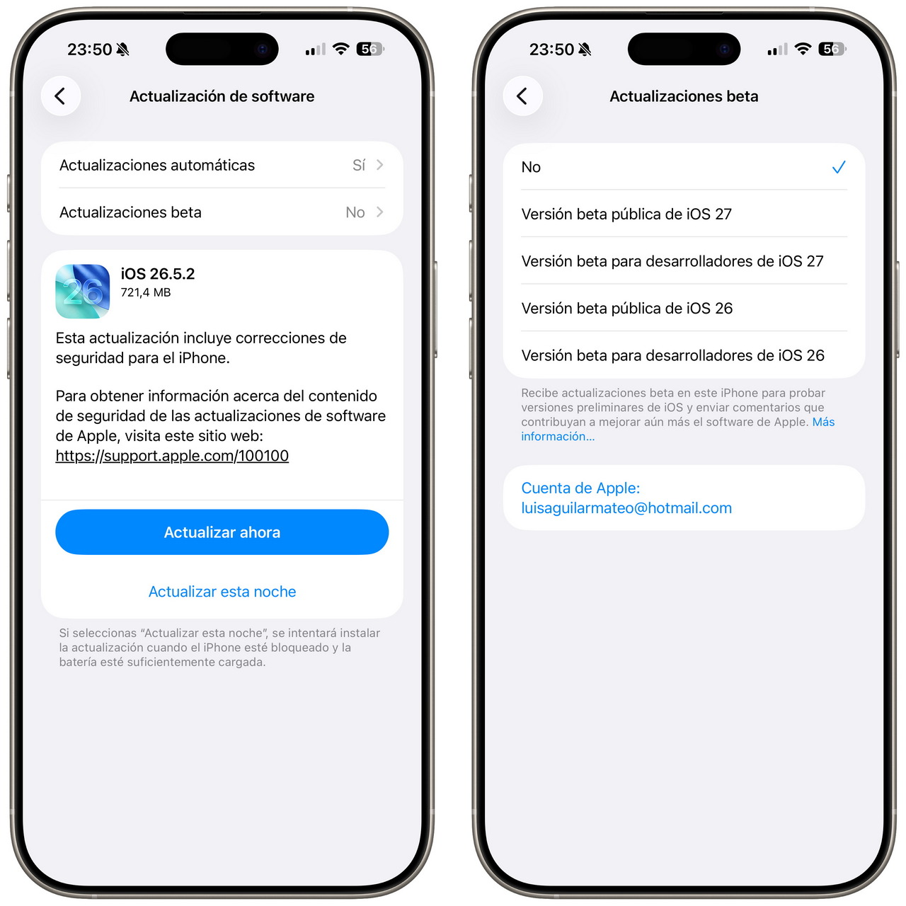 Pantallas de iPhone mostrando actualización de software iOS 26.5.2 y opciones de versiones beta.