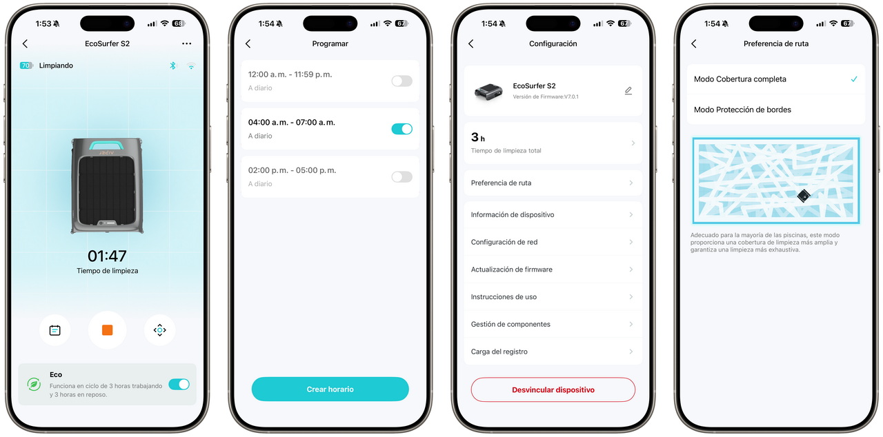 Pantallas de configuración y programación del robot limpiador EcoSurfer S2 en aplicación móvil, mostrando opciones de limpieza.