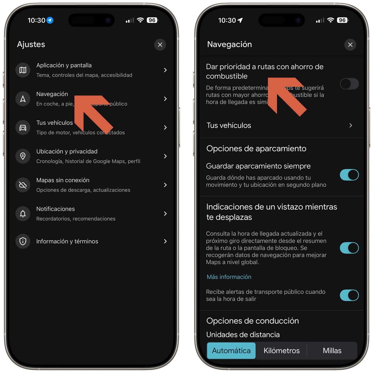 Pantallas de configuración de navegación en un smartphone, destacando Dar prioridad a rutas con ahorro de combustible.