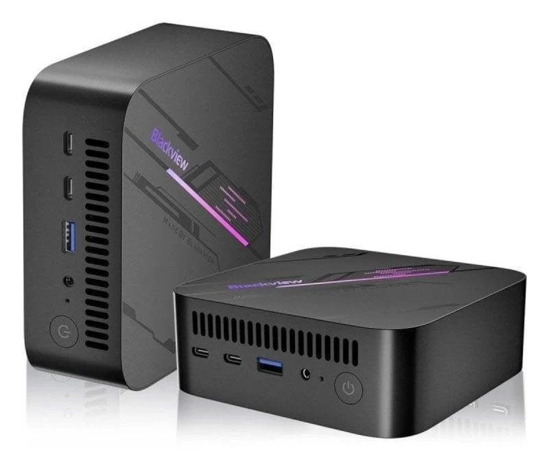 Mini PC Blackview moderno con diseño compacto, puertos USB y acabado negro mate. Tecnología avanzada y elegante.