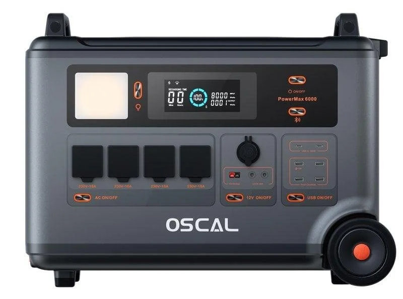Generador portátil PowerMax 6000 de OSCAL, ideal para emergencias y actividades al aire libre.