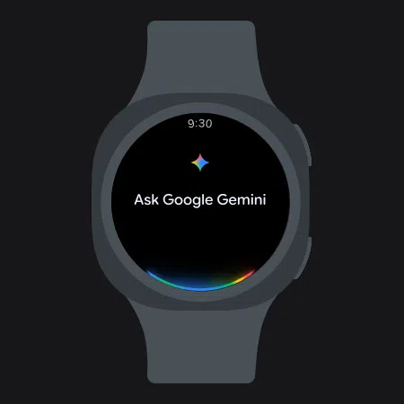 Smartwatch con pantalla oscura mostrando Ask Google Gemini y un diseño colorido en la parte inferior de la esfera.
