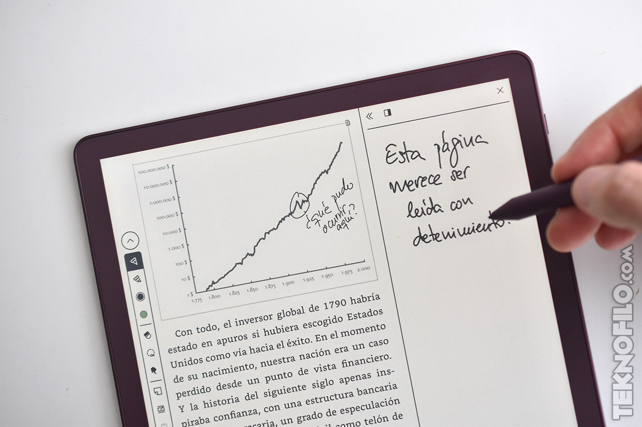 Tableta mostrando gráfico y anotaciones con lápiz digital. Escritura en pantalla derecha.