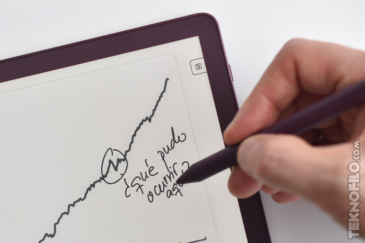 Mano escribiendo en una tableta gráfica, analizando un gráfico con notas para comprender fluctuaciones.