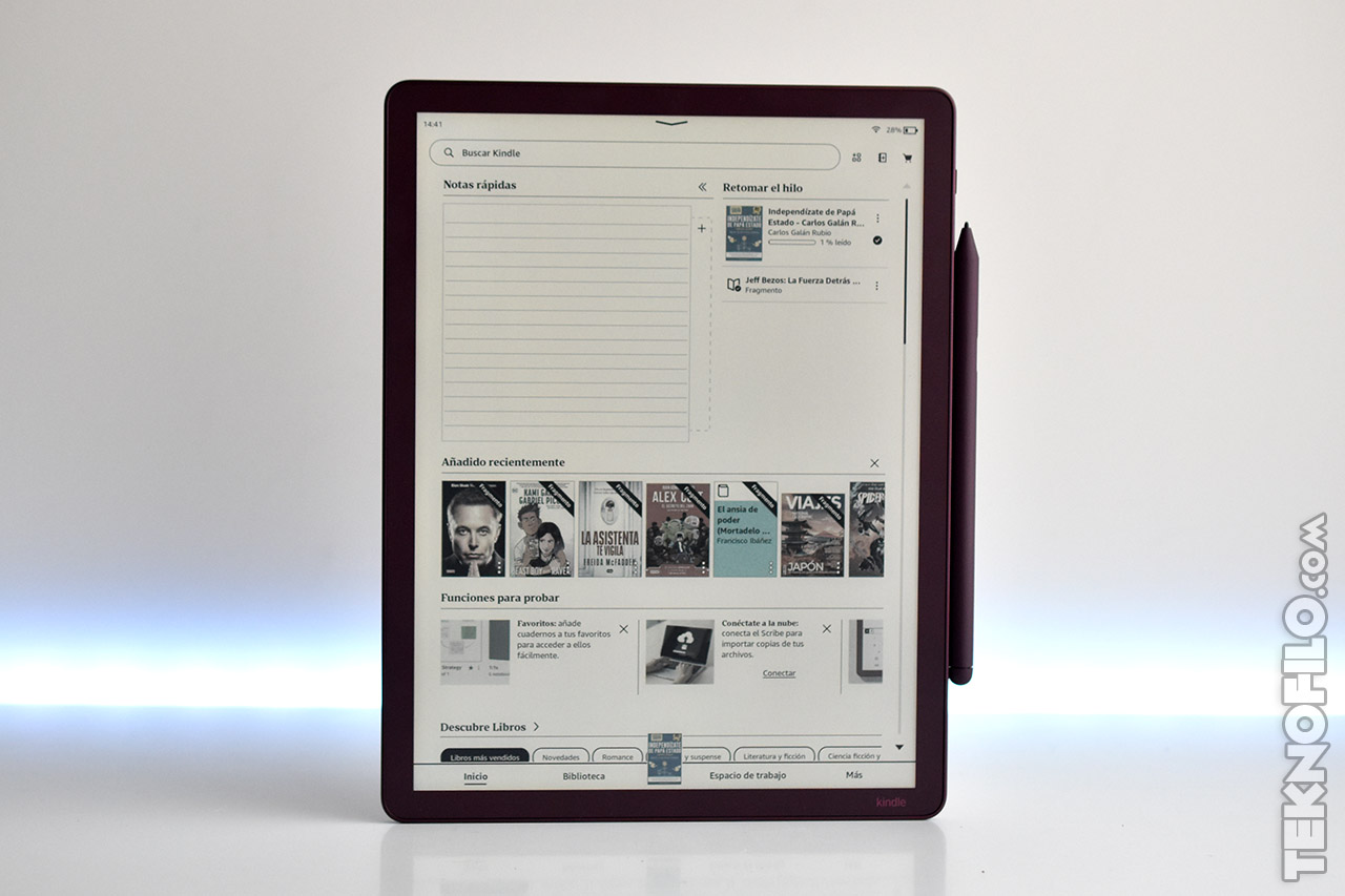 E-reader Kindle Scribe en pantalla principal mostrando opciones de biblioteca y notas.