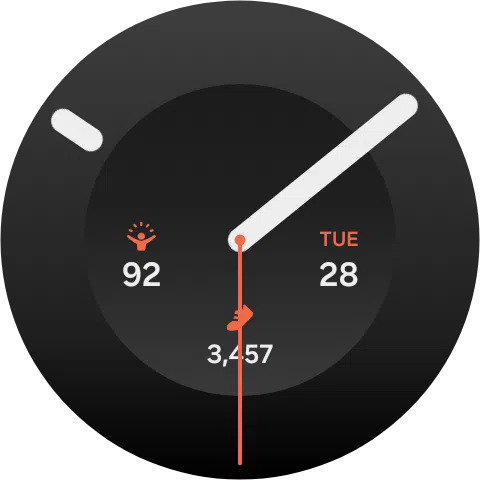 Pantalla de reloj inteligente mostrando pasos, temperatura y fecha. Martes 28, pasos: 3,457, temperatura: 92°F.