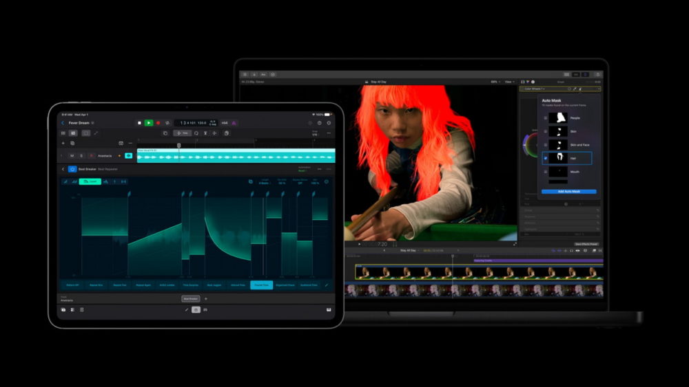 Apple Creator Studio se actualiza con IA, subtítulos automáticos y más integración entre apps Pantallas de edición de video y audio en un iPad y MacBook, mostrando gráficos y efectos visuales.