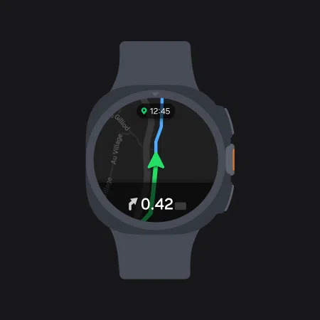 Reloj inteligente con GPS mostrando ruta y dirección mientras marca las 12:45 en pantalla negra.
