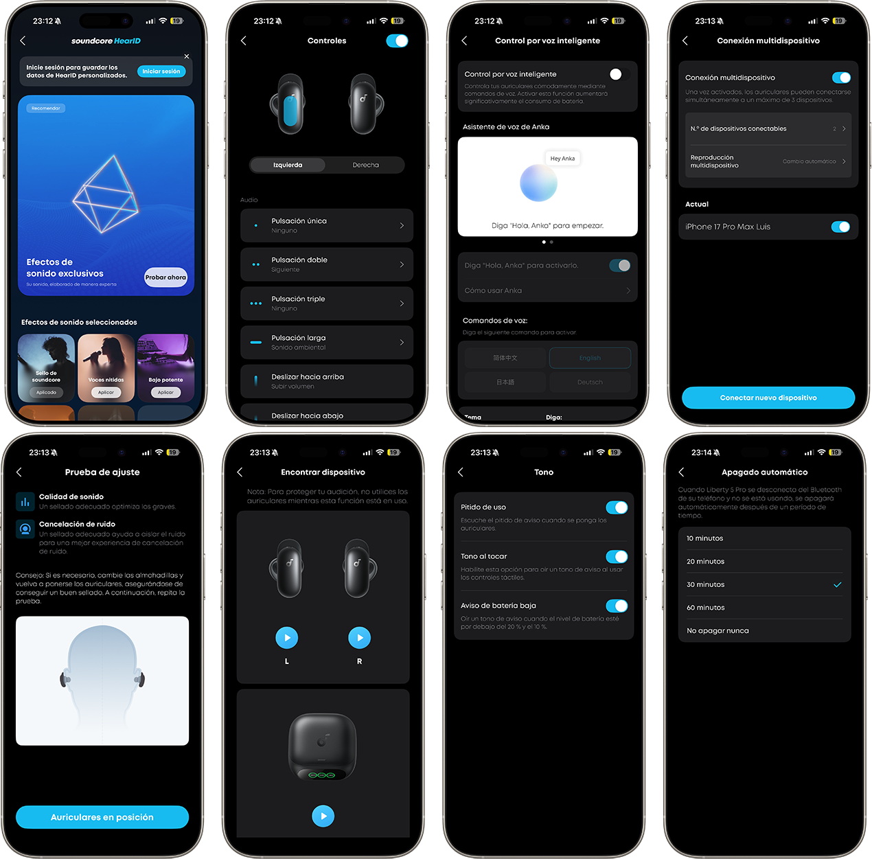 Pantallas de configuración de auriculares en una app de smartphone, mostrando controles de sonido, conexión y ajustes.