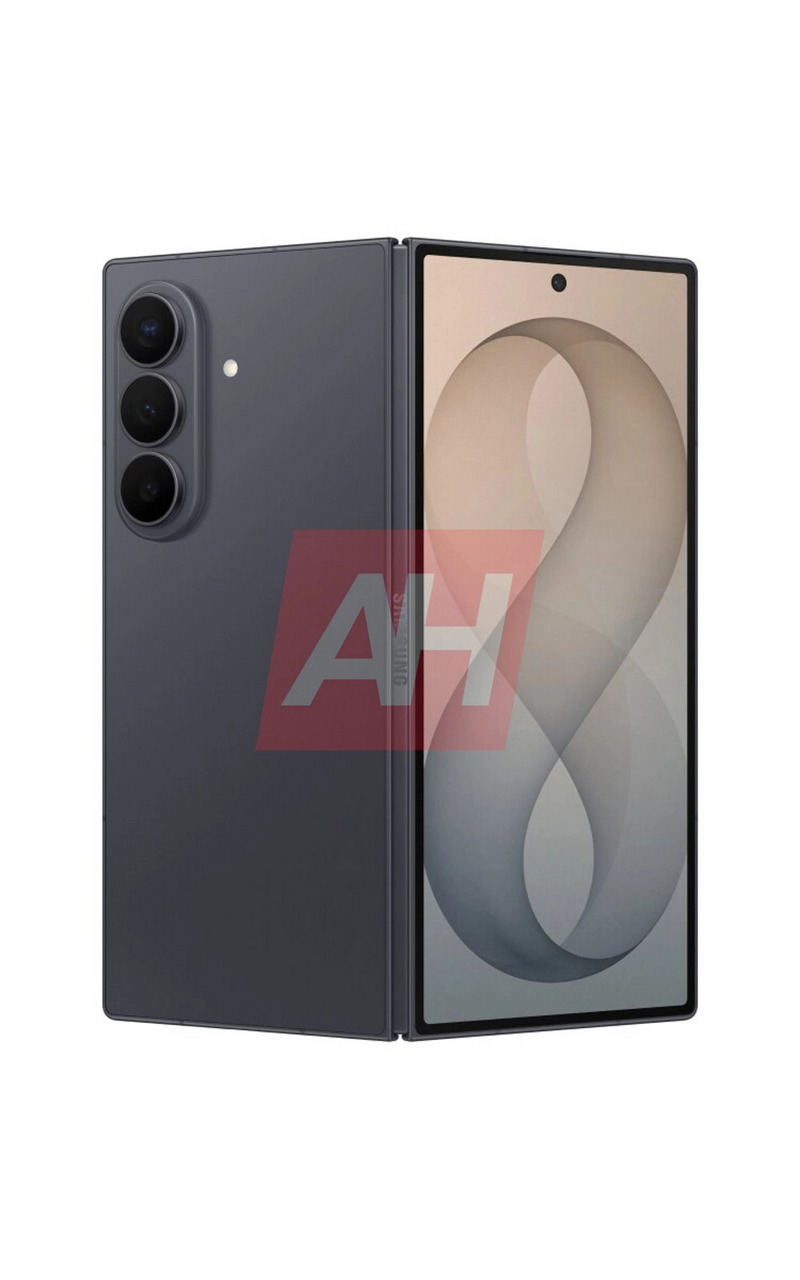 Teléfono plegable moderno con pantalla abierta y triple cámara trasera, diseño elegante en color oscuro.