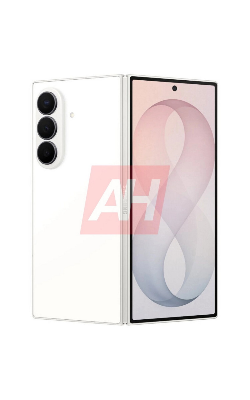 Teléfono plegable blanco con cámara triple y pantalla abierta mostrando fondo abstracto. Diseño moderno y elegante.