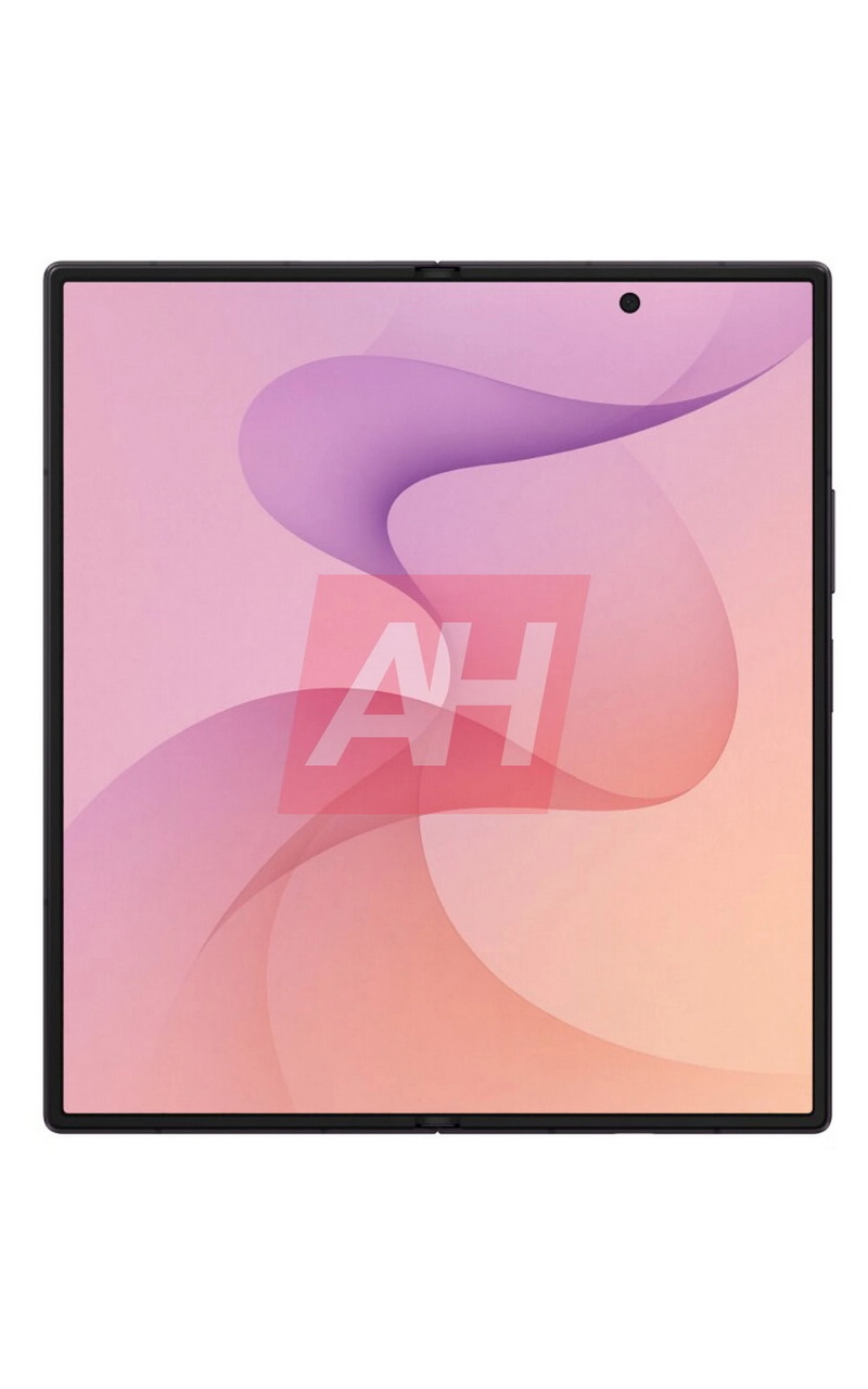 Pantalla de dispositivo con diseño minimalista y fondo rosa claro, mostrando elementos abstractos en tonos púrpura.