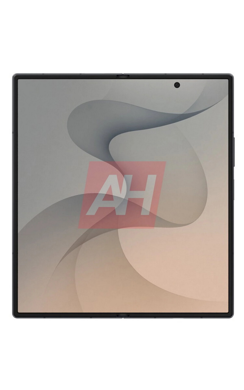 Pantalla de móvil plegable con diseño minimalista y cámara frontal, fondo abstracto.