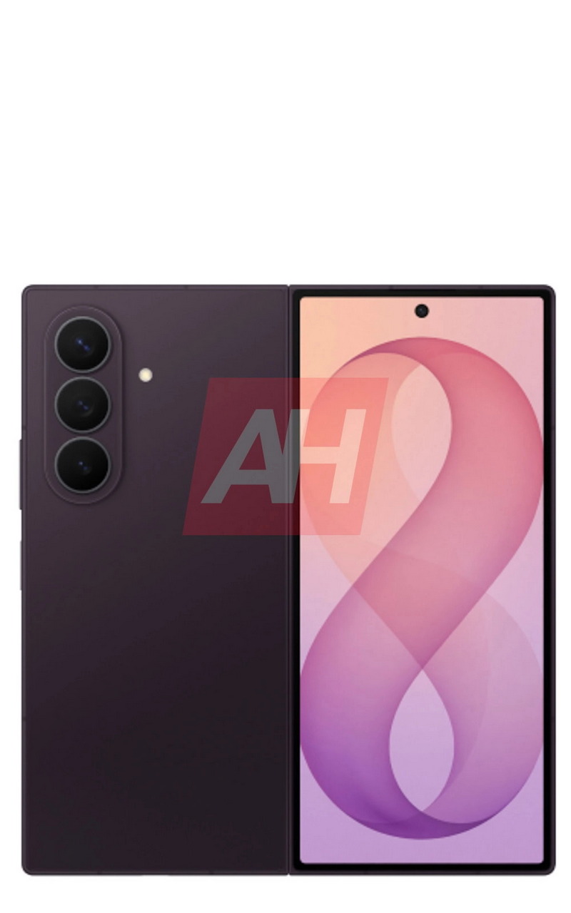 Teléfono inteligente plegable mostrando tres cámaras traseras y pantalla con diseño minimalista en fondo rosa.