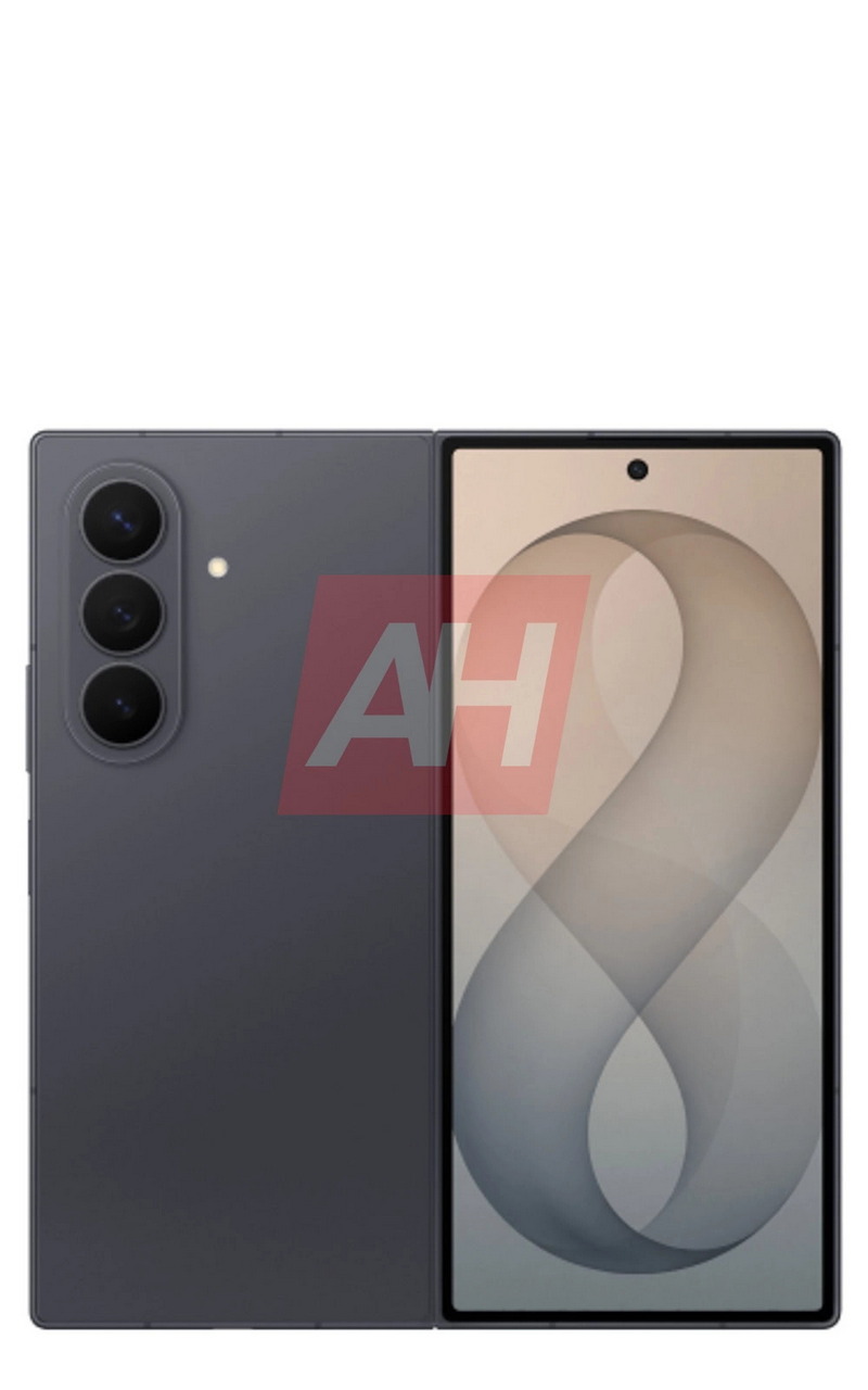 Smartphone en color negro con pantalla abierta y triple cámara trasera, fondo claro con diseño de número ocho.