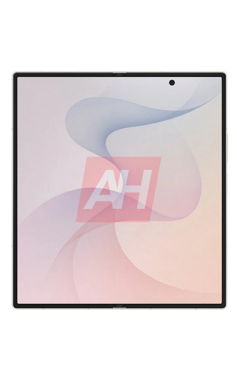 Pantalla de dispositivo móvil plegable con diseño minimalista, marco fino y cámara frontal integrada.