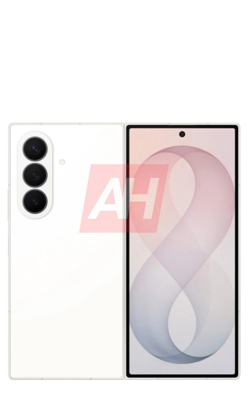 Smartphone plegable con triple cámara trasera y pantalla dual, diseño en color blanco.