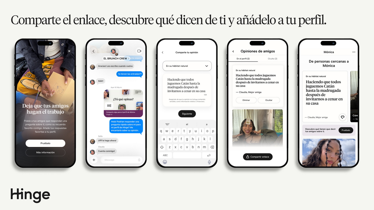 Imagen de cinco pantallas de la aplicación Hinge mostrando funciones para compartir opiniones de amigos.