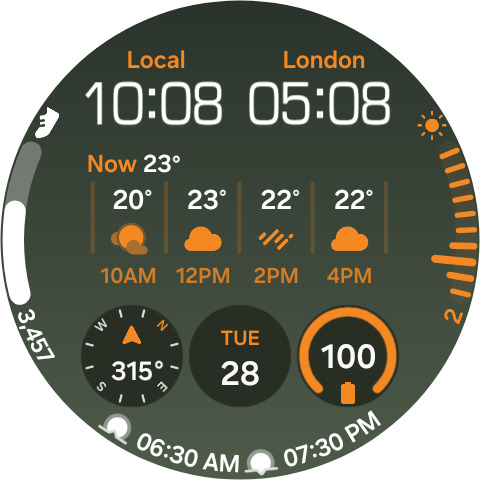 Pantalla de reloj inteligente mostrando hora local y en Londres, clima, brújula, pasos y nivel de batería.