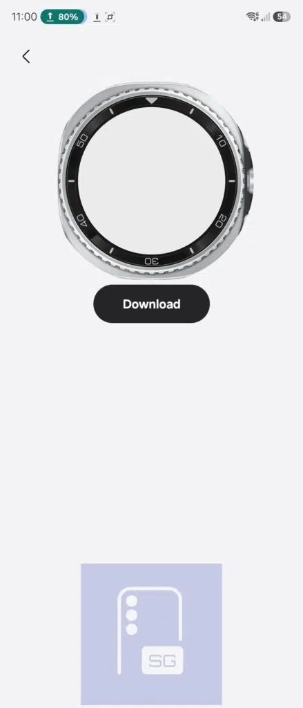 Reloj digital con esfera vacía y botón de descarga en pantalla de smartphone, indicador de batería al 80%.