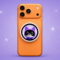 Oppo lanza una pantalla magnética para iPhone pensada para hacer mejores selfies Teléfono naranja con diseño de gato morado en soporte circular, fondo violeta estrellado.