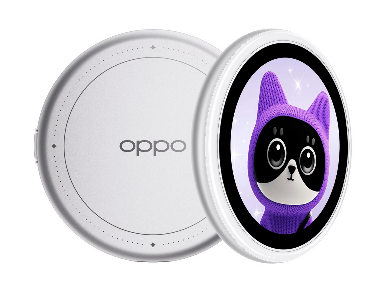 Cargador inalámbrico Oppo blanco con diseño de panda en pantalla, fondo brillante púrpura.