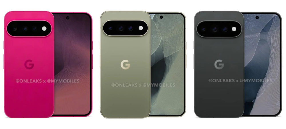 Tres teléfonos inteligentes en colores rosa, verde y negro con diseño de cámara triple y pantalla completa.