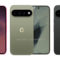 Tres teléfonos inteligentes en colores rosa, verde y negro con diseño de cámara triple y pantalla completa.
