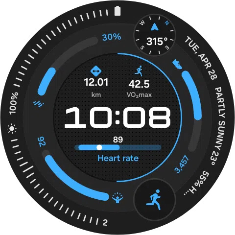 Reloj inteligente con indicadores de ritmo cardíaco, kilometraje, VO2 máx, clima y dirección, pantalla digital.