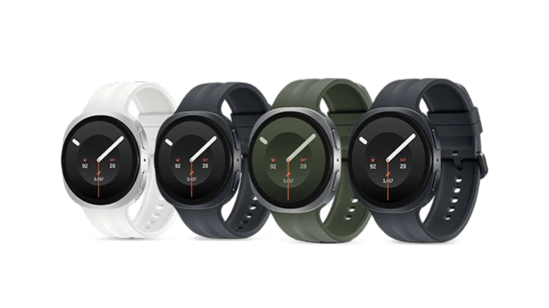 Relojes inteligentes en cuatro colores: blanco, negro, verde oscuro y gris, con pantalla redonda y manecillas.