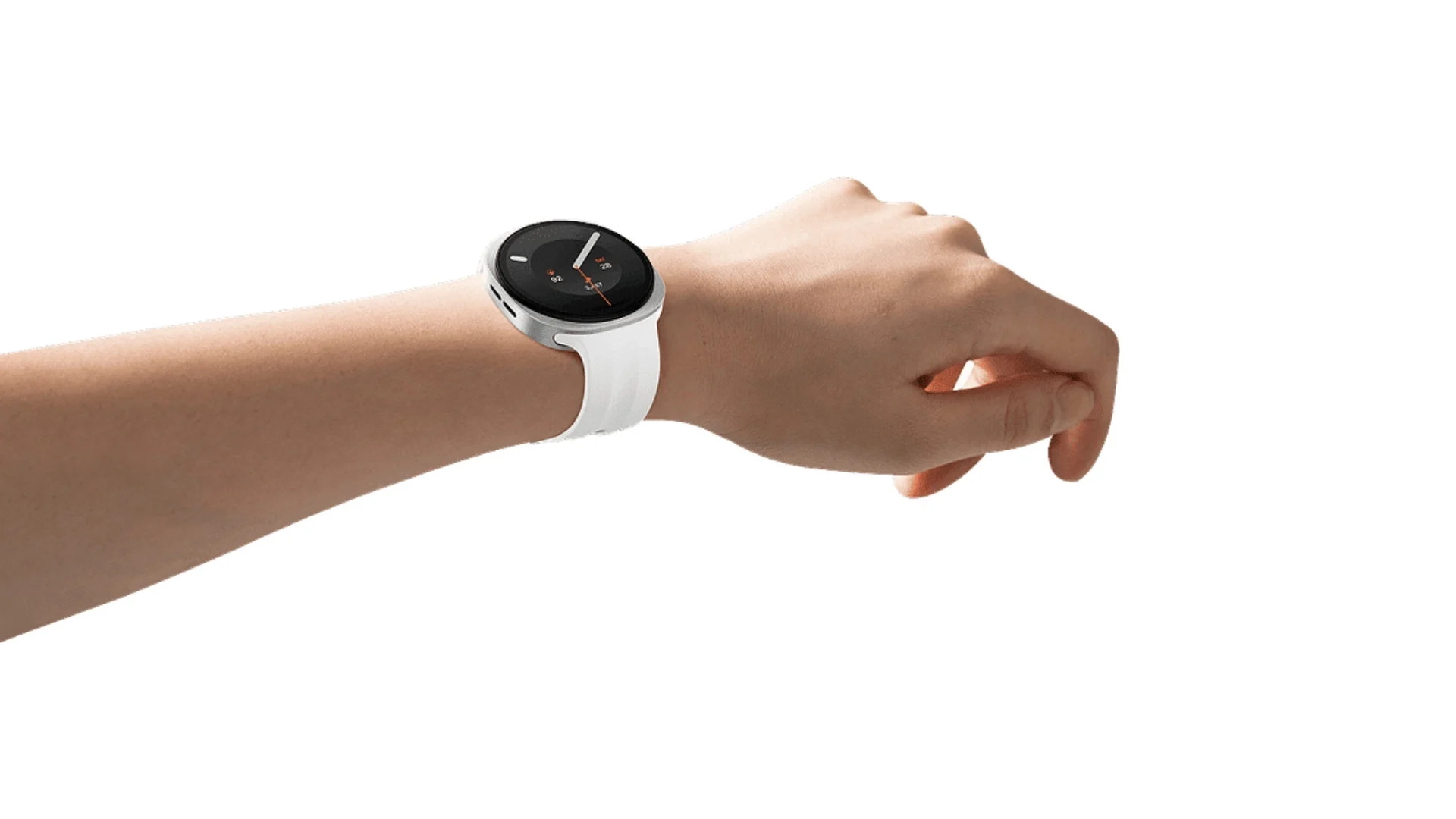 Mano con smartwatch elegante y moderno con correa blanca sobre fondo blanco. Tecnología portátil de última generación.