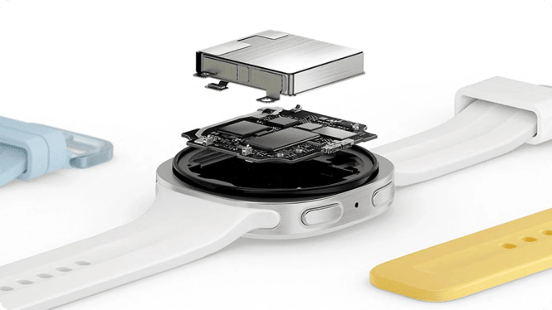 Reloj inteligente con diseño descompuesto, mostrando componentes internos y correas intercambiables en color blanco.