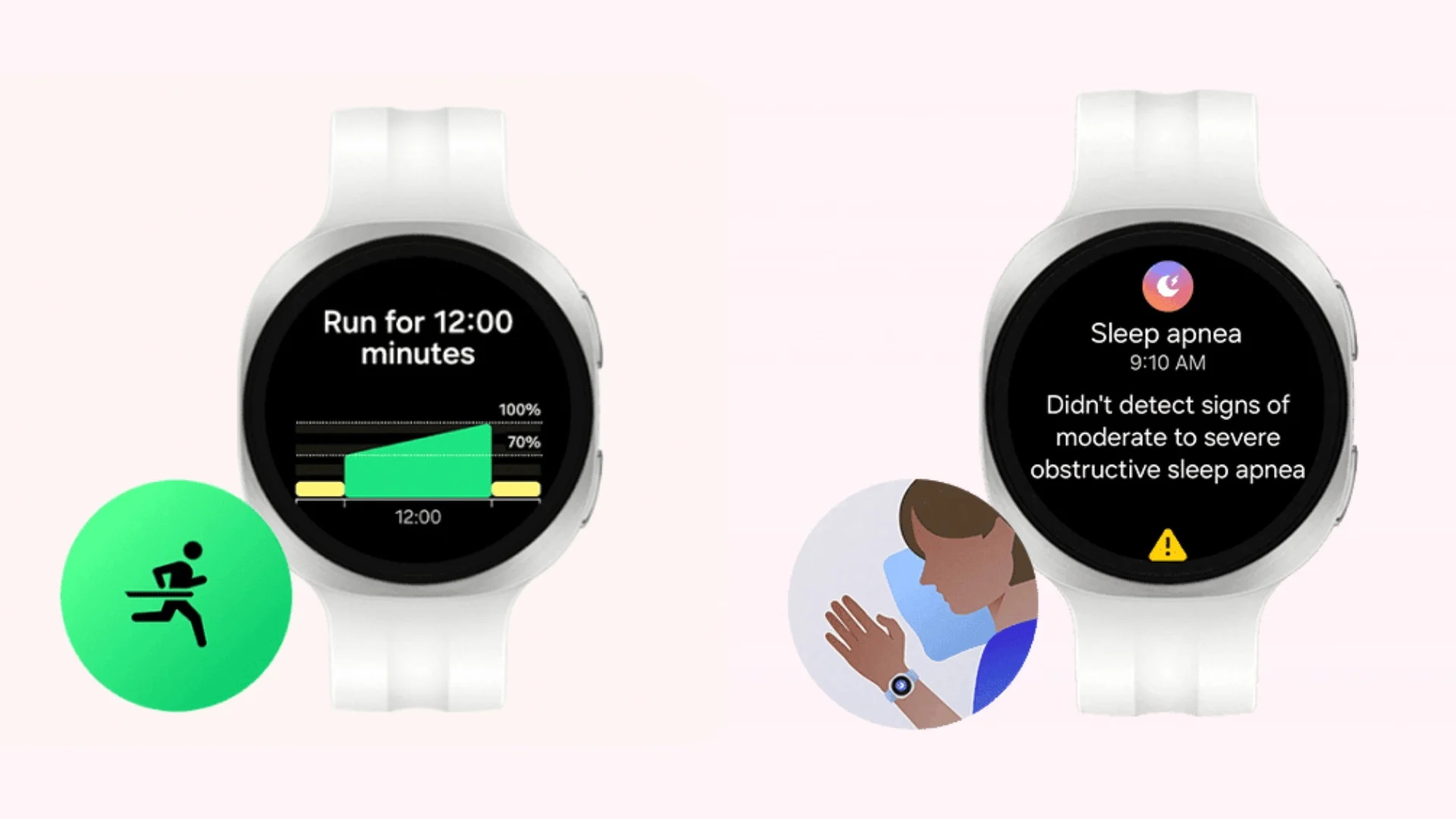 Reloj inteligente con pantalla de ejercicio y apnea del sueño, mostrando gráficos y alertas de salud.
