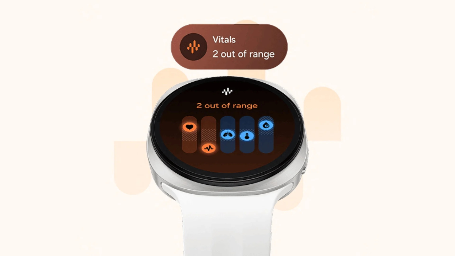 Smartwatch blanco mostrando gráficos con dos indicadores de salud fuera de rango. Monitoreo de salud digital.