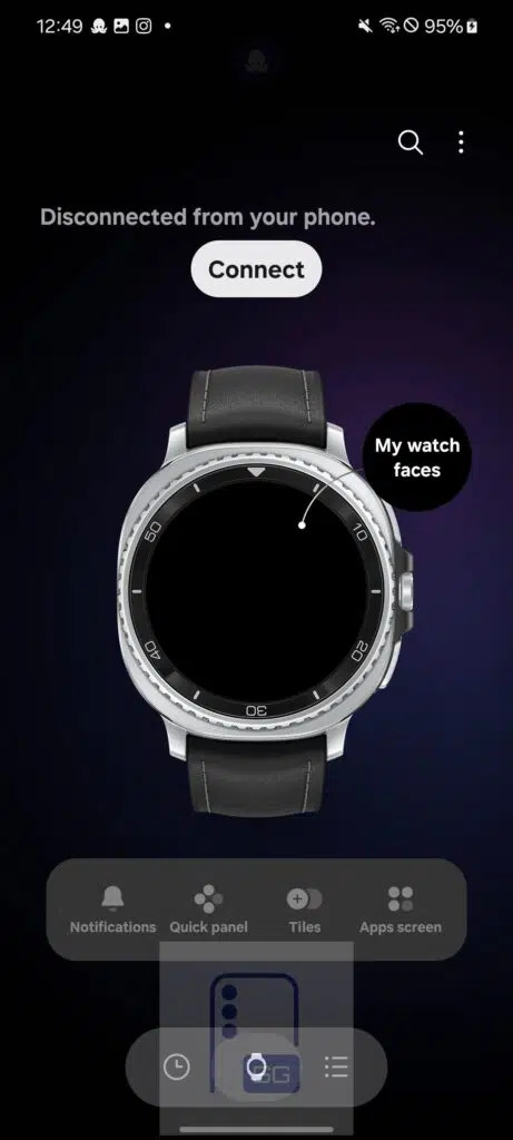 Pantalla de smartwatch desconectado, con opción de conexión y acceso a esferas personalizadas y configuración.