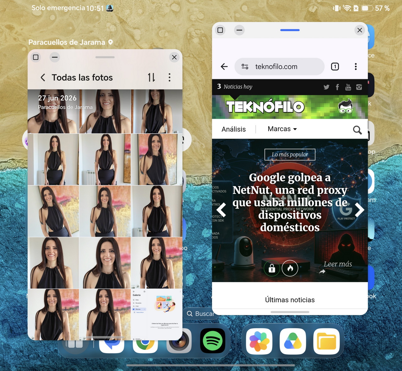 Pantalla de móvil con galería de fotos de una mujer y sitio web de noticias Teknofilo sobre red proxy y seguridad.