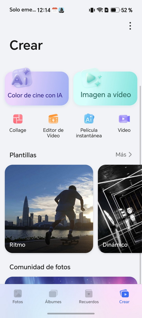 Interfaz de aplicación para edición de video y fotos con IA, opciones creativas como color de cine e imagen a video.
