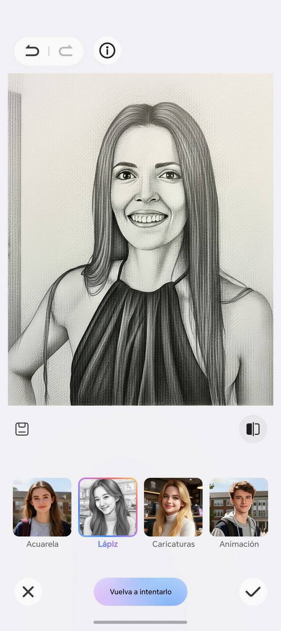 Retrato en blanco y negro de una mujer sonriendo, creado con efecto de dibujo a lápiz.