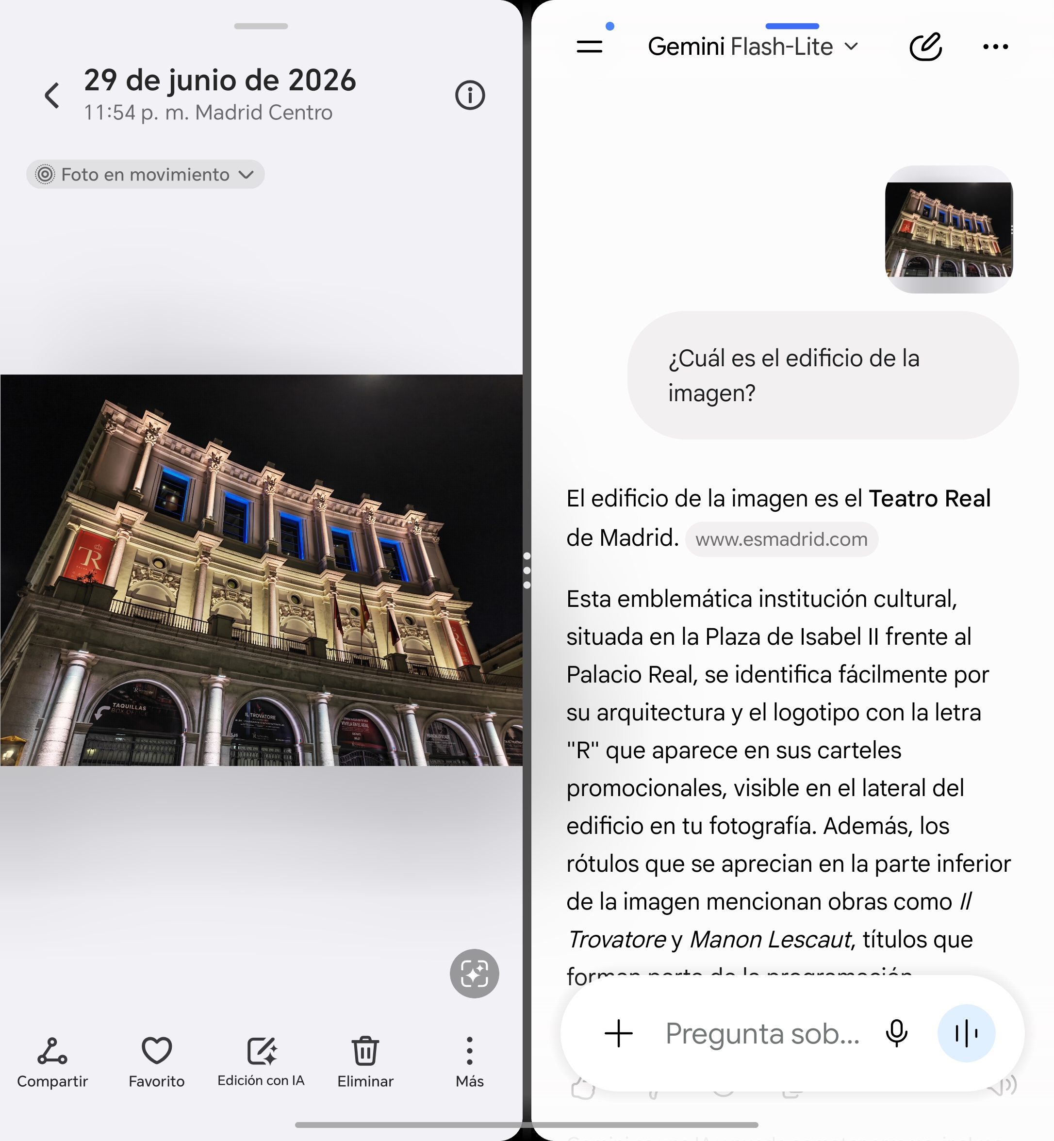 Edificio iluminado del Teatro Real de Madrid, noche del 29 de junio de 2026, visto desde la calle.